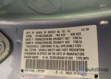 2008 Honda Cr-V Ex z USA, uszkodzony, nr VIN 3CZRE48558G701392